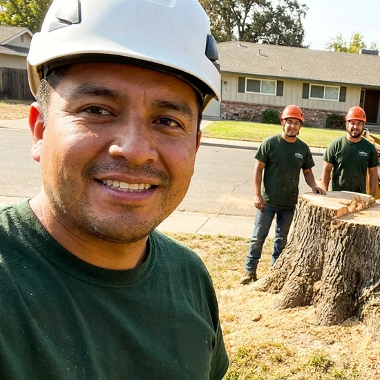 Smiling Allscape Solutions LLC crew selfie after removing a large oak in Albuquerque
