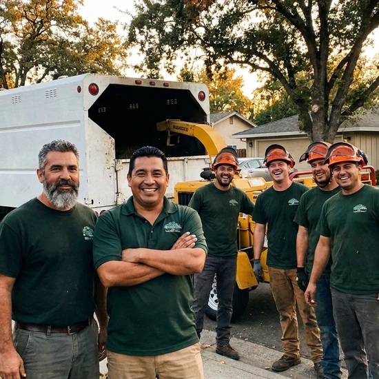 Tree service owner and crew with chip truck on a Albuquerque street