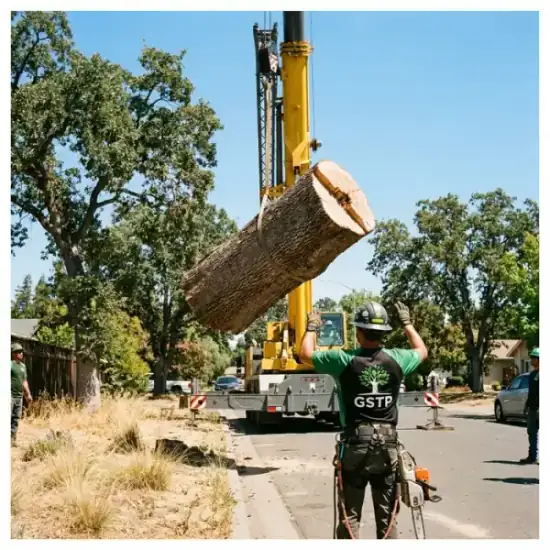 Crane lowering a tree section during a Albuquerque removal